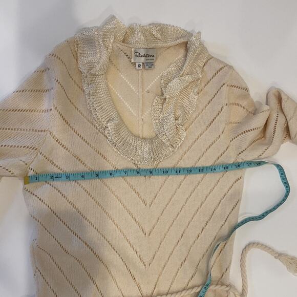 Vintage Richtone New York Cream Knit Midi Chevron Dress Ruffles Sz Small - Picture 9 of 11